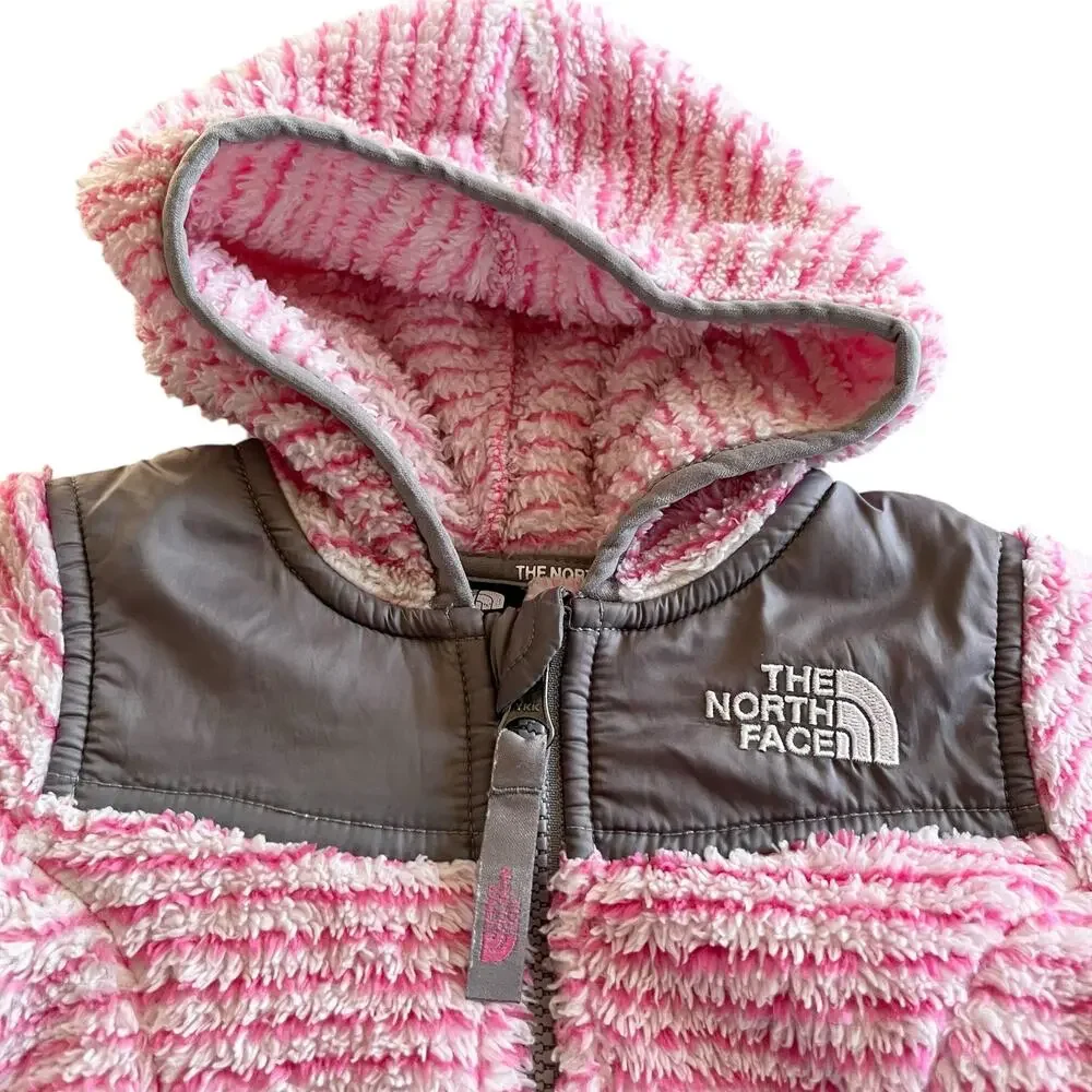 The North Face girls  Oso pink stripe polar fleece hooded jacket size 3-6 mos